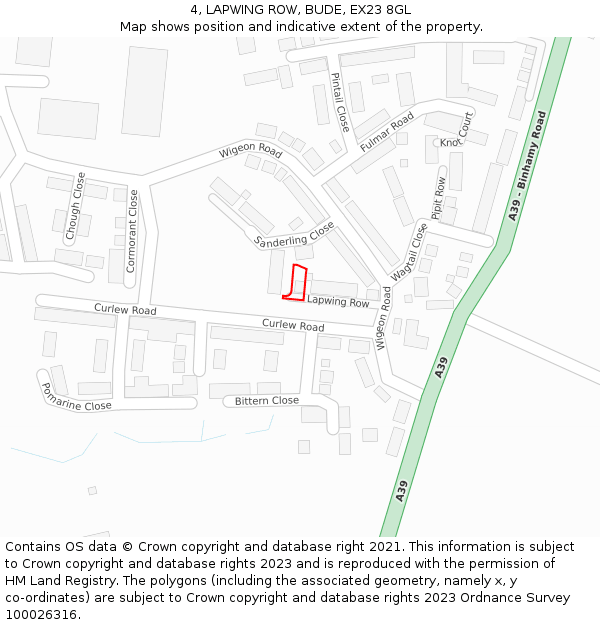 4, LAPWING ROW, BUDE, EX23 8GL: Location map and indicative extent of plot