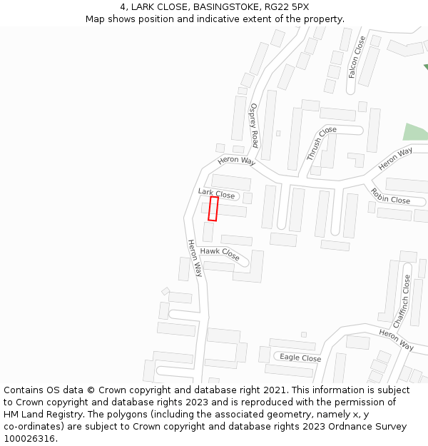 4, LARK CLOSE, BASINGSTOKE, RG22 5PX: Location map and indicative extent of plot