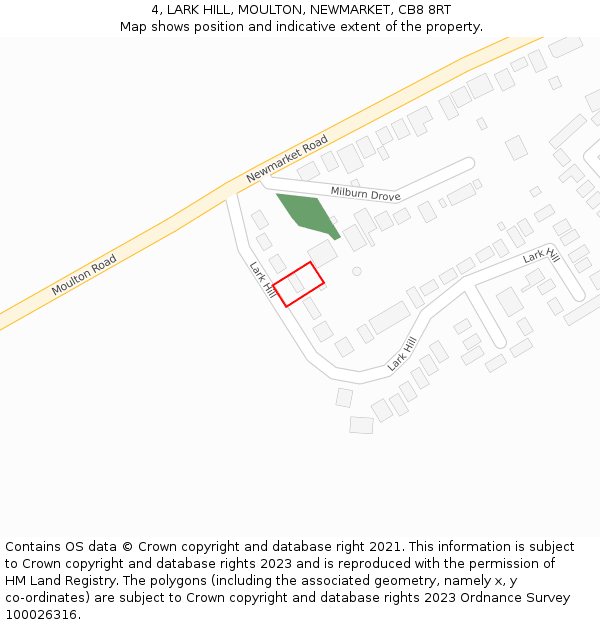 4, LARK HILL, MOULTON, NEWMARKET, CB8 8RT: Location map and indicative extent of plot