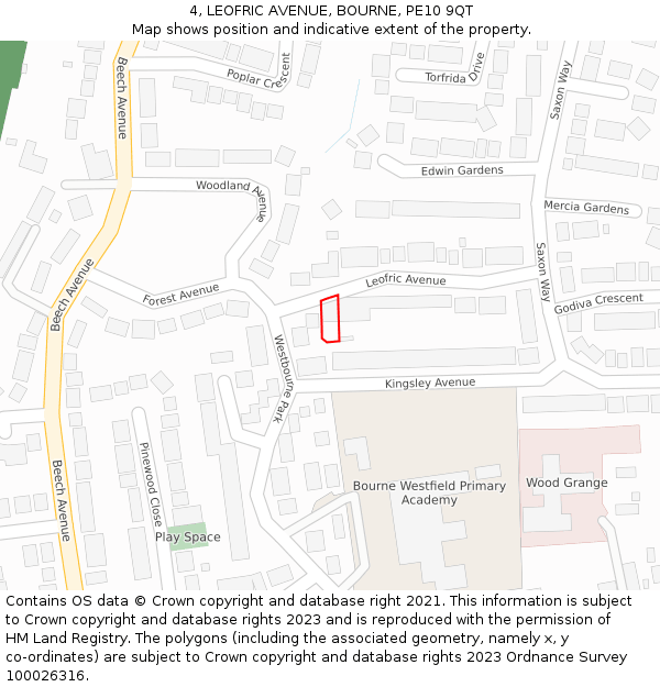 4, LEOFRIC AVENUE, BOURNE, PE10 9QT: Location map and indicative extent of plot