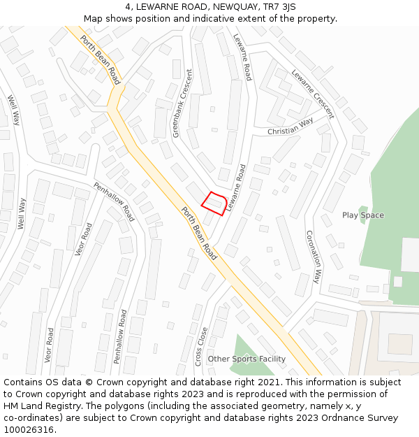 4, LEWARNE ROAD, NEWQUAY, TR7 3JS: Location map and indicative extent of plot