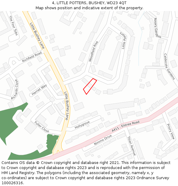 4, LITTLE POTTERS, BUSHEY, WD23 4QT: Location map and indicative extent of plot