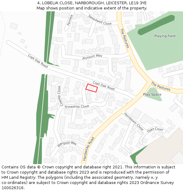 4, LOBELIA CLOSE, NARBOROUGH, LEICESTER, LE19 3YE: Location map and indicative extent of plot