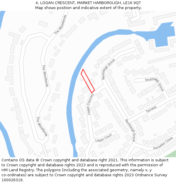4, LOGAN CRESCENT, MARKET HARBOROUGH, LE16 9QT: Location map and indicative extent of plot