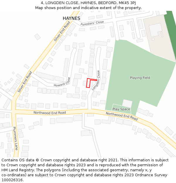 4, LONGDEN CLOSE, HAYNES, BEDFORD, MK45 3PJ: Location map and indicative extent of plot