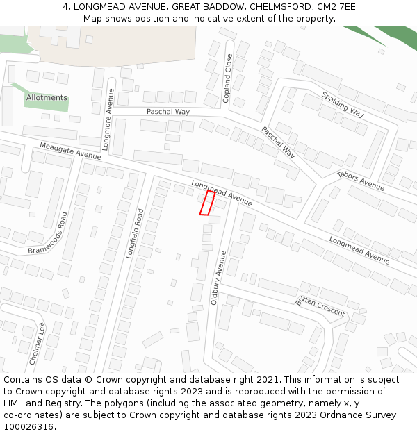 4, LONGMEAD AVENUE, GREAT BADDOW, CHELMSFORD, CM2 7EE: Location map and indicative extent of plot