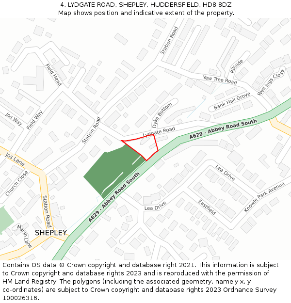 4, LYDGATE ROAD, SHEPLEY, HUDDERSFIELD, HD8 8DZ: Location map and indicative extent of plot