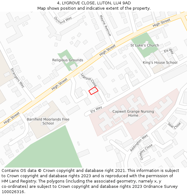 4, LYGROVE CLOSE, LUTON, LU4 9AD: Location map and indicative extent of plot