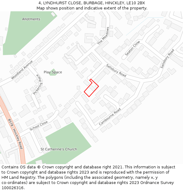 4, LYNDHURST CLOSE, BURBAGE, HINCKLEY, LE10 2BX: Location map and indicative extent of plot