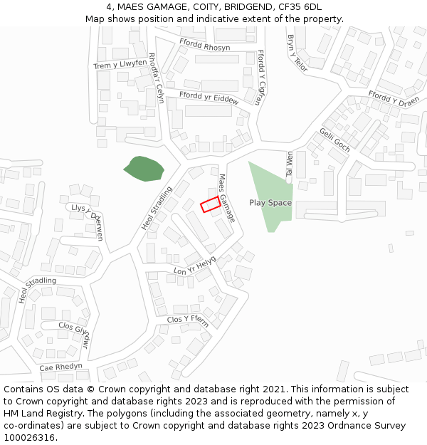 4, MAES GAMAGE, COITY, BRIDGEND, CF35 6DL: Location map and indicative extent of plot