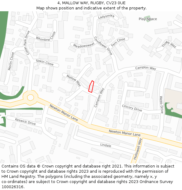 4, MALLOW WAY, RUGBY, CV23 0UE: Location map and indicative extent of plot
