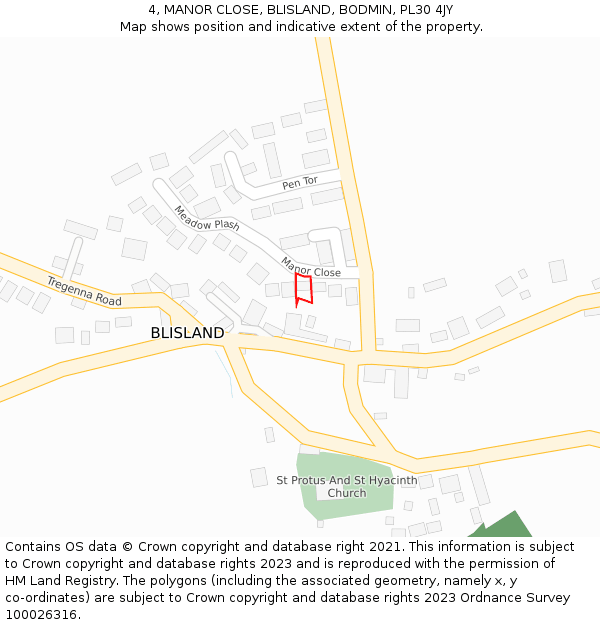 4, MANOR CLOSE, BLISLAND, BODMIN, PL30 4JY: Location map and indicative extent of plot