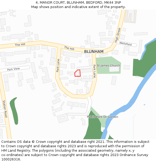 4, MANOR COURT, BLUNHAM, BEDFORD, MK44 3NP: Location map and indicative extent of plot