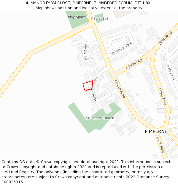 4, MANOR FARM CLOSE, PIMPERNE, BLANDFORD FORUM, DT11 8XL: Location map and indicative extent of plot