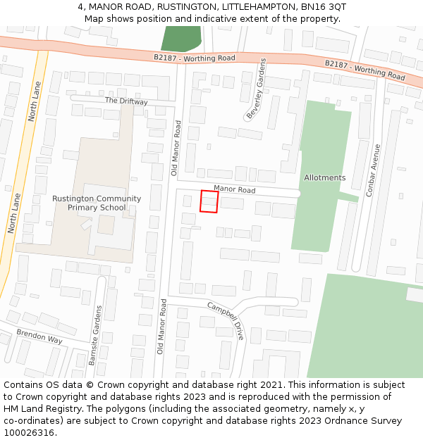 4, MANOR ROAD, RUSTINGTON, LITTLEHAMPTON, BN16 3QT: Location map and indicative extent of plot