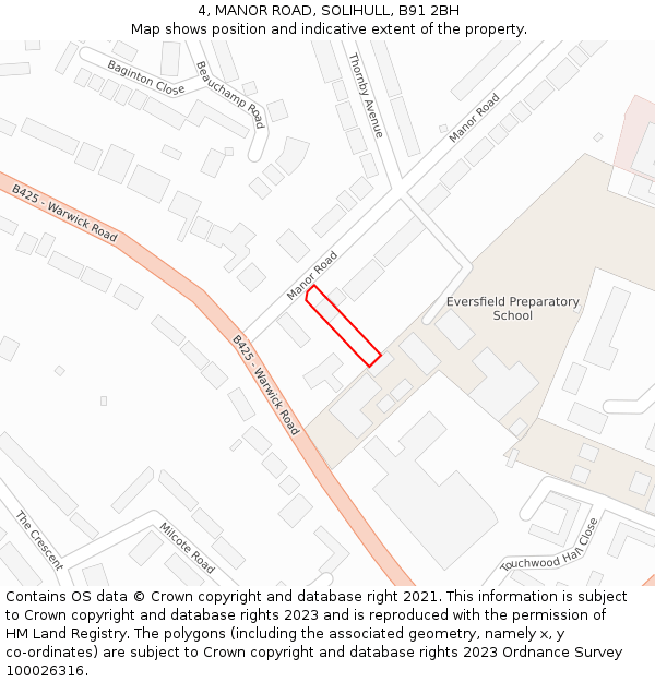 4, MANOR ROAD, SOLIHULL, B91 2BH: Location map and indicative extent of plot