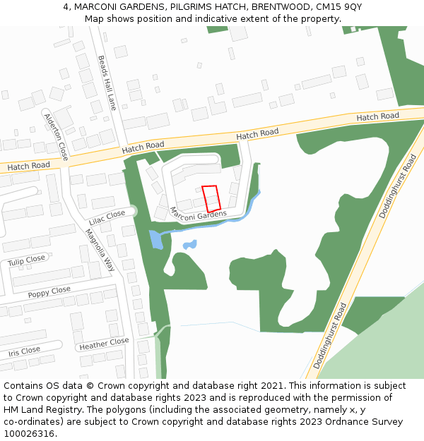 4, MARCONI GARDENS, PILGRIMS HATCH, BRENTWOOD, CM15 9QY: Location map and indicative extent of plot