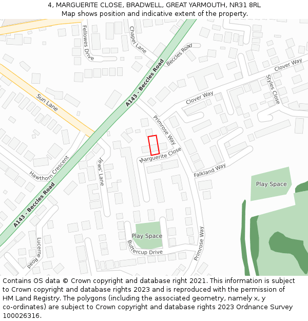 4, MARGUERITE CLOSE, BRADWELL, GREAT YARMOUTH, NR31 8RL: Location map and indicative extent of plot