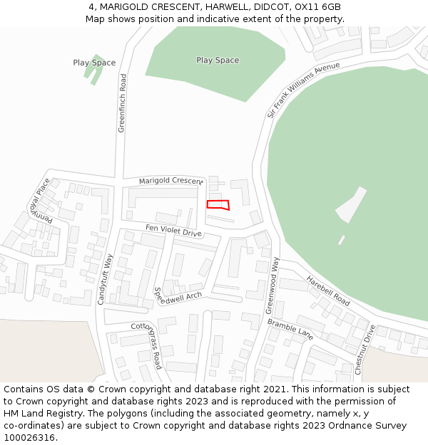 4, MARIGOLD CRESCENT, HARWELL, DIDCOT, OX11 6GB: Location map and indicative extent of plot