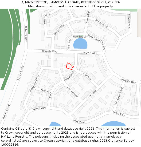 4, MARKETSTEDE, HAMPTON HARGATE, PETERBOROUGH, PE7 8FA: Location map and indicative extent of plot