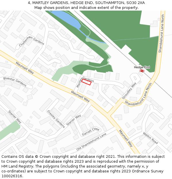 4, MARTLEY GARDENS, HEDGE END, SOUTHAMPTON, SO30 2XA: Location map and indicative extent of plot