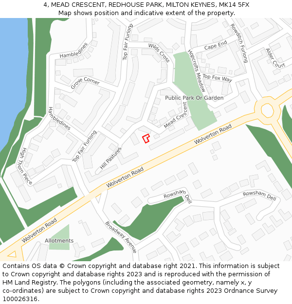 4, MEAD CRESCENT, REDHOUSE PARK, MILTON KEYNES, MK14 5FX: Location map and indicative extent of plot