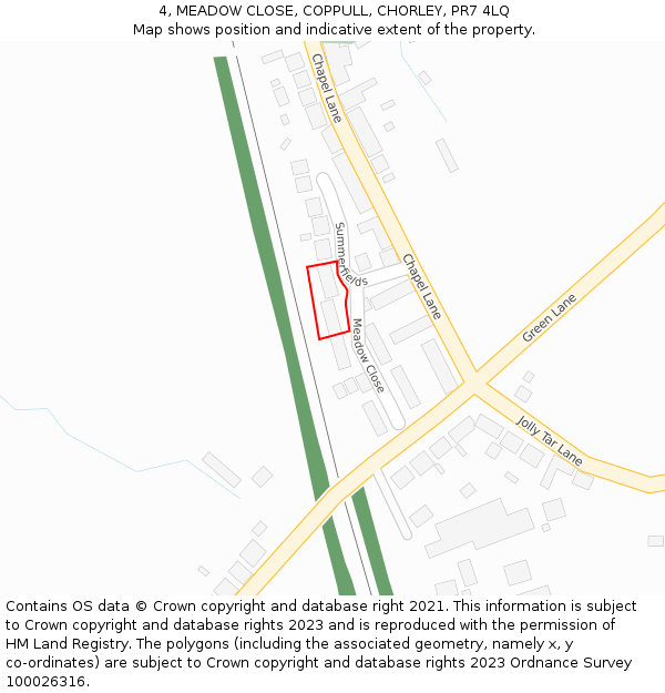 4, MEADOW CLOSE, COPPULL, CHORLEY, PR7 4LQ: Location map and indicative extent of plot