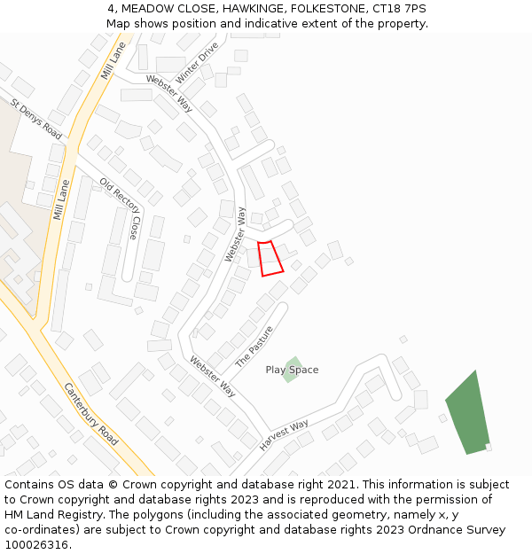 4, MEADOW CLOSE, HAWKINGE, FOLKESTONE, CT18 7PS: Location map and indicative extent of plot