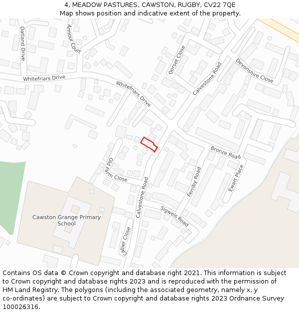 4, MEADOW PASTURES, CAWSTON, RUGBY, CV22 7QE: Location map and indicative extent of plot