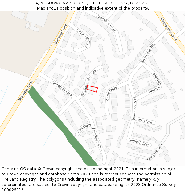 4, MEADOWGRASS CLOSE, LITTLEOVER, DERBY, DE23 2UU: Location map and indicative extent of plot
