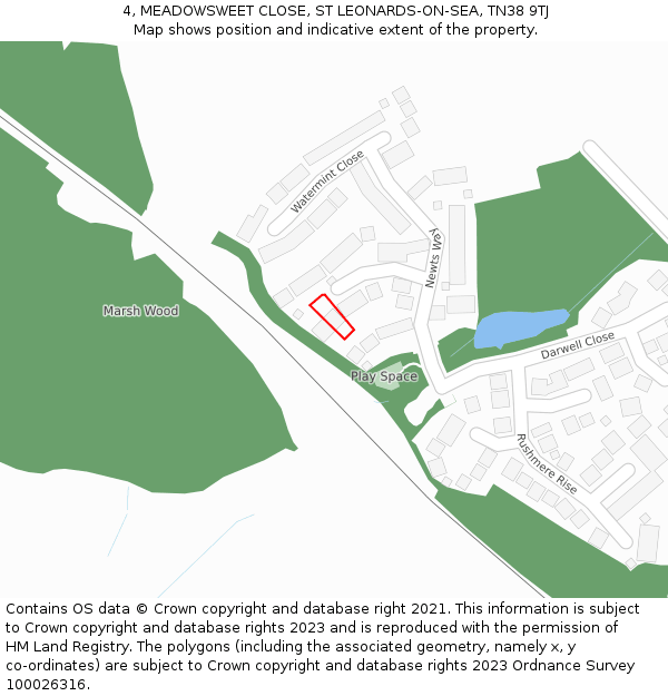 4, MEADOWSWEET CLOSE, ST LEONARDS-ON-SEA, TN38 9TJ: Location map and indicative extent of plot