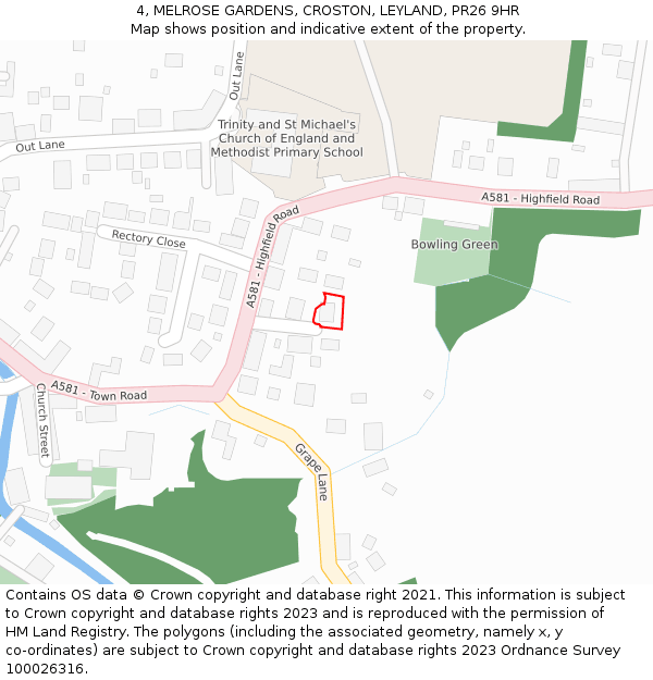 4, MELROSE GARDENS, CROSTON, LEYLAND, PR26 9HR: Location map and indicative extent of plot