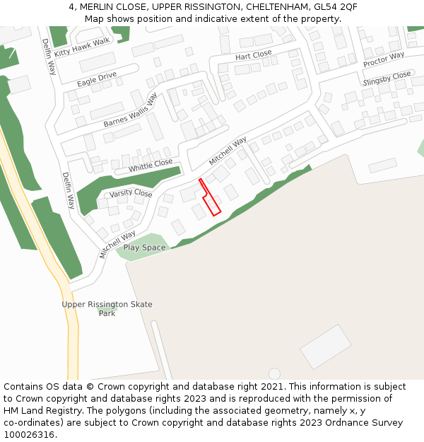 4, MERLIN CLOSE, UPPER RISSINGTON, CHELTENHAM, GL54 2QF: Location map and indicative extent of plot