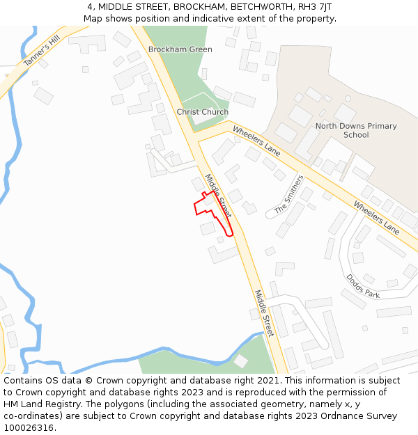 4, MIDDLE STREET, BROCKHAM, BETCHWORTH, RH3 7JT: Location map and indicative extent of plot