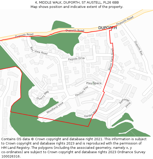 4, MIDDLE WALK, DUPORTH, ST AUSTELL, PL26 6BB: Location map and indicative extent of plot