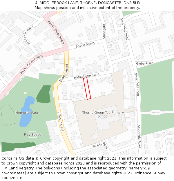 4, MIDDLEBROOK LANE, THORNE, DONCASTER, DN8 5LB: Location map and indicative extent of plot