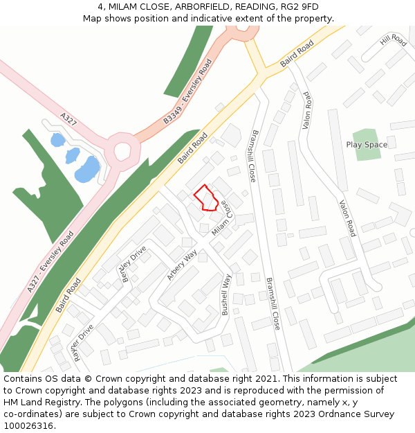 4, MILAM CLOSE, ARBORFIELD, READING, RG2 9FD: Location map and indicative extent of plot