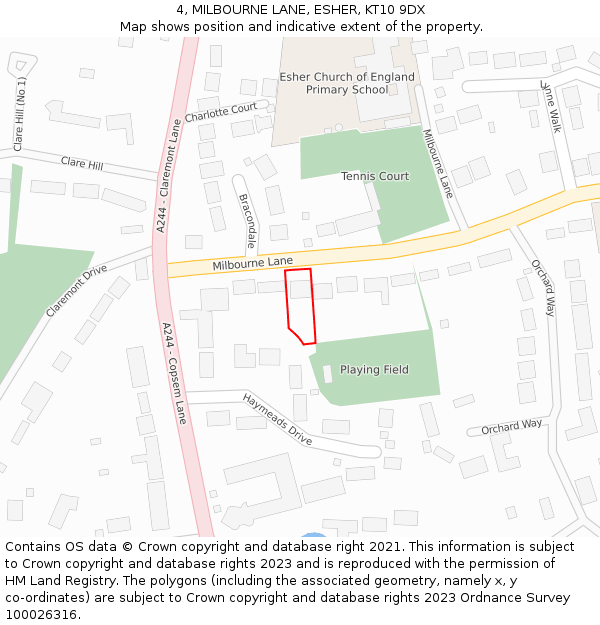 4, MILBOURNE LANE, ESHER, KT10 9DX: Location map and indicative extent of plot