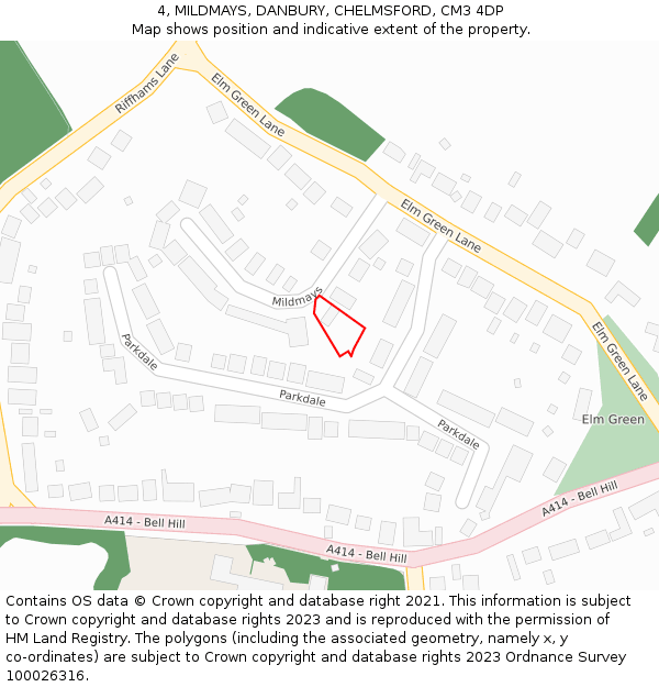 4, MILDMAYS, DANBURY, CHELMSFORD, CM3 4DP: Location map and indicative extent of plot