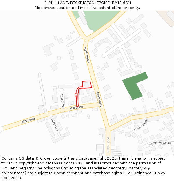 4, MILL LANE, BECKINGTON, FROME, BA11 6SN: Location map and indicative extent of plot