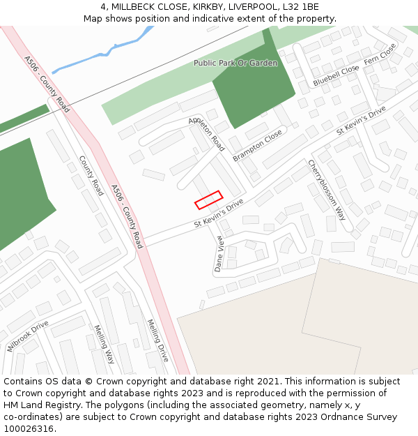 4, MILLBECK CLOSE, KIRKBY, LIVERPOOL, L32 1BE: Location map and indicative extent of plot