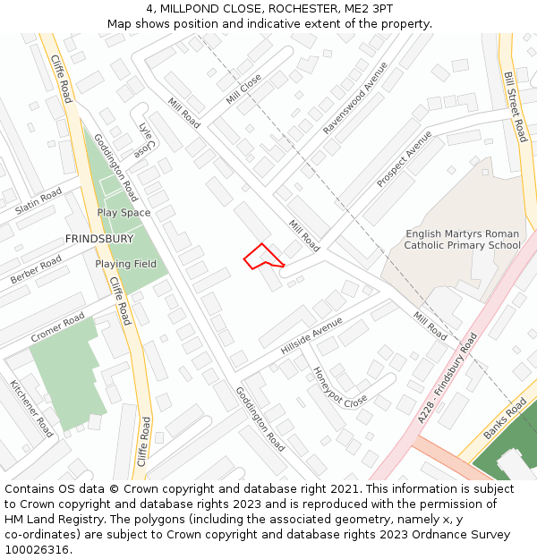 4, MILLPOND CLOSE, ROCHESTER, ME2 3PT: Location map and indicative extent of plot
