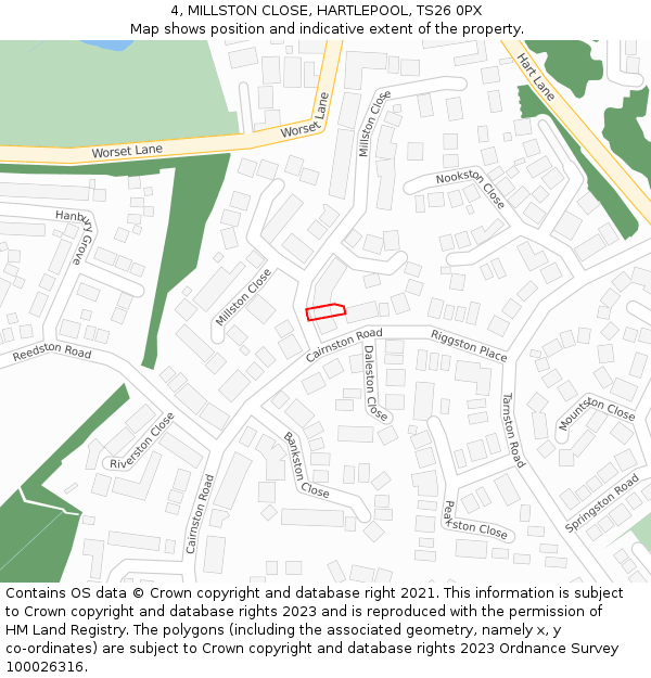 4, MILLSTON CLOSE, HARTLEPOOL, TS26 0PX: Location map and indicative extent of plot