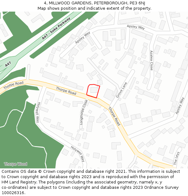 4, MILLWOOD GARDENS, PETERBOROUGH, PE3 6NJ: Location map and indicative extent of plot