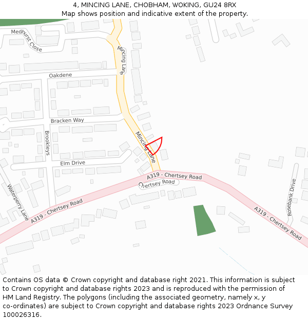 4, MINCING LANE, CHOBHAM, WOKING, GU24 8RX: Location map and indicative extent of plot