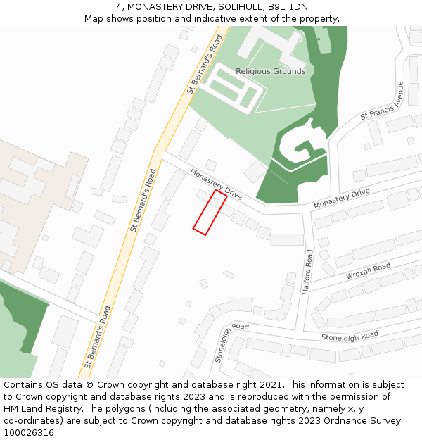 4, MONASTERY DRIVE, SOLIHULL, B91 1DN: Location map and indicative extent of plot
