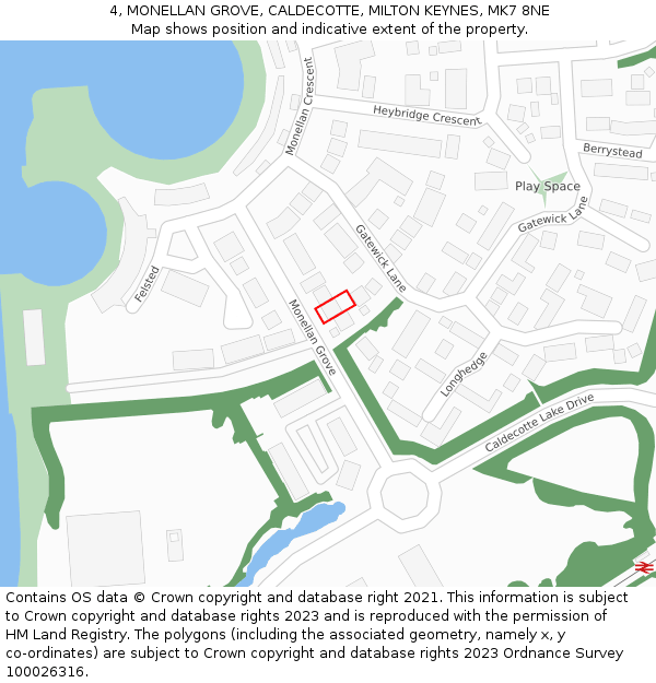4, MONELLAN GROVE, CALDECOTTE, MILTON KEYNES, MK7 8NE: Location map and indicative extent of plot