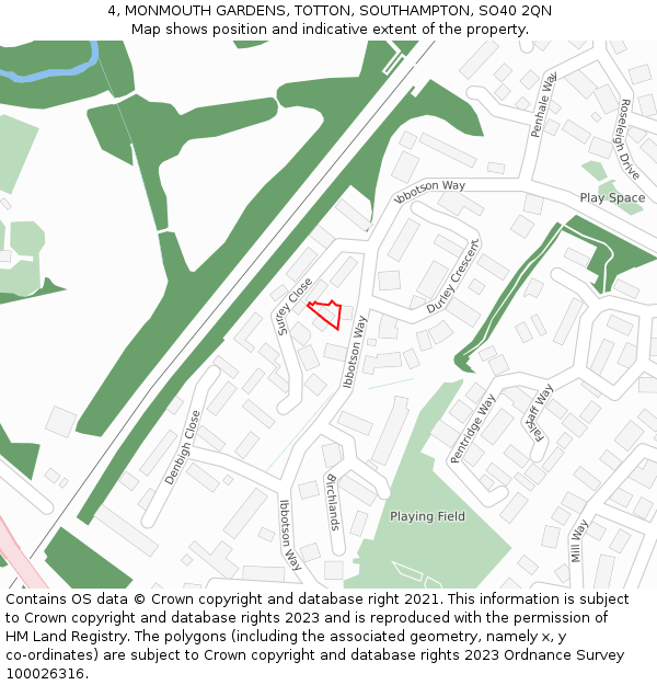 4, MONMOUTH GARDENS, TOTTON, SOUTHAMPTON, SO40 2QN: Location map and indicative extent of plot
