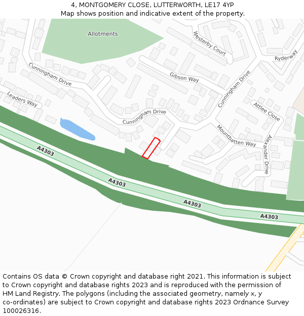 4, MONTGOMERY CLOSE, LUTTERWORTH, LE17 4YP: Location map and indicative extent of plot