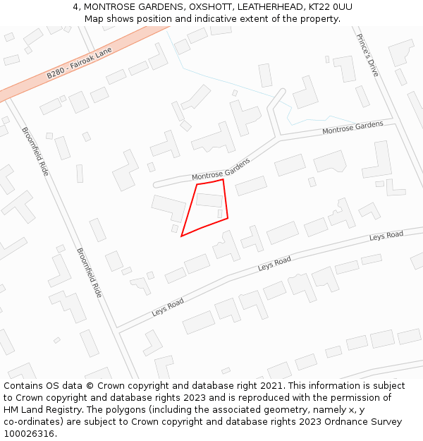 4, MONTROSE GARDENS, OXSHOTT, LEATHERHEAD, KT22 0UU: Location map and indicative extent of plot